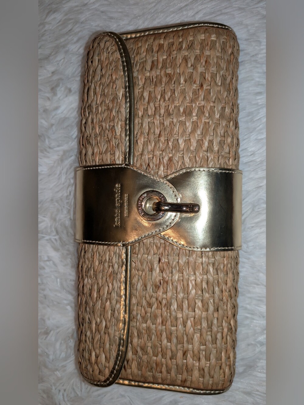 Kate Spade Wicker & Patent Leather Clutch Lock Closure Gold Tan VGC